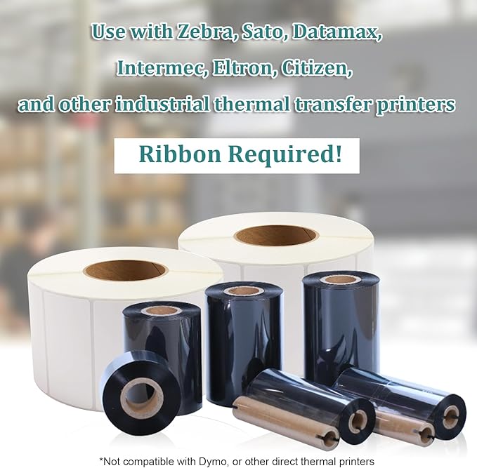 Industrial Thermal Transfer Labels 3x2 for Barcode Shipping, Ribbon Required, 3 Inch Core, 2 Rolls/Case 2750 per Roll, Perforated, Compatible with Thermal Transfer Printers