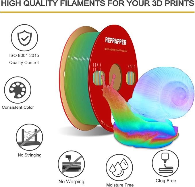 RepRapper Glow in the Dark Green PLA Filament 1.75mm (+- 0.03mm) 2.2lb (1kg) for 3D Printer, Phosphorescent Glow PLA Rainbow, Multicolor