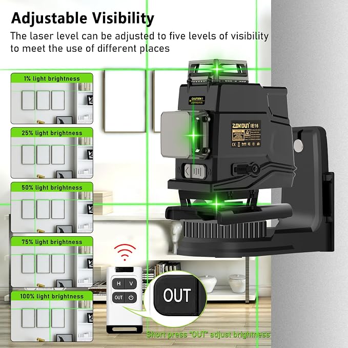 Laser level, Zokoun 360 self-leveling Laser Level 4D 16 lines green Laser Level with horizontal and vertical lines construction picture hanging, with magnetic bracket and 5000mAh lithium-ion battery