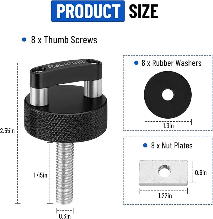 8PCS Black Hard Top Quick Removal Fastener Thumb Screws with Nut Plates Compatible with 2021-2024 Ford Bronco 2dr/4dr, 2007-2022 Jeep Wrangler JK JKU JL JLU/Gladiator JT