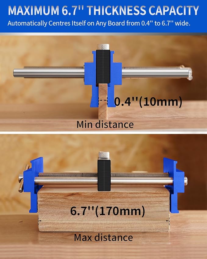 DAYDOOR 6.7" Self Centering Dowel Jig, Wide Capacity Doweling Jig & Drill Guide for Woodworking, Complete Kit with 6 Steel Bushings for Straight Holes(Blue)