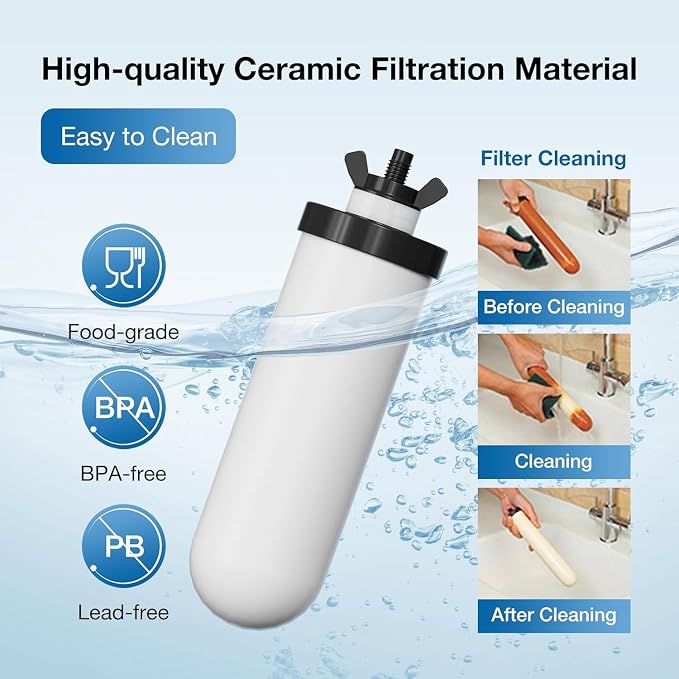 7" Ceramic Water Filter Replacement, Suitable Gravity Water systems | 3-Stage Certified NSF/ANSI 42&372 Replacement Filter, Washable & Reusable, Reduces Contaminant, Improve Taste & Odor, 2 Pack