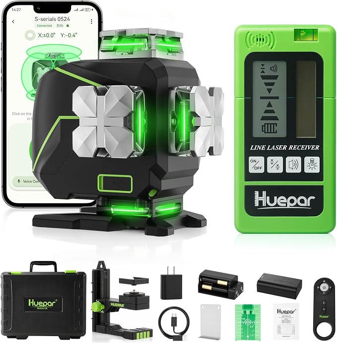 Huepar Laser Level 360 Self Leveling, S04CG 4x360° Green 4D Cross Line Laser with LCD Screen with Receiver -Pulse Mode, Bluetooth, Remote Control, Rechargeable 16 Lines Laser Tool for Construction