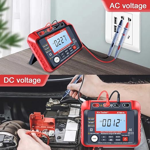 Xin Tester 1000V AC DC Megohmmeter Insulation Megger Tester, Auto Earth Ground Resistance Meter 50V/100V/250V/500V High Voltage 0.1MΩ-10GΩ Auto Ranging with LCD Display - XT501A