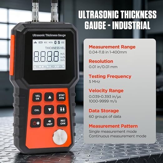 Ultrasonic Thickness Gauge, Range 0.04"-15.75" (1-400mm), for Metal (Steel, Aluminum, Copper), Plastic, Glass, 2.4" LCD, Sound Vel. Cal., Industrial Metal Thickness Tester with Couplant