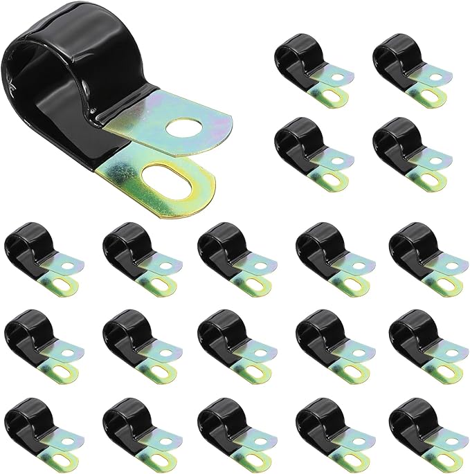 PATIKIL 11/16 Inch Vinyl Coated Cable Clamps, 50 Pack Galvanized Steel Metal Cable Clips Rubber Cushion Insulated Pipe Clamps for Tube Lines Cord Wire Management, Black