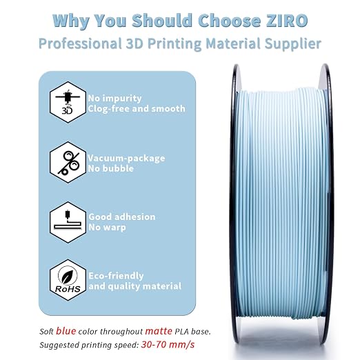 ZIRO 3D Printer Filament, Matte 1.75mm PLA Filament, Pastel Colors PLA Series, 3D Printing Material, Fit Most FDM Printers,1.75mm 1kg/2.2lbs Spool, Pastel Blue(Matte)