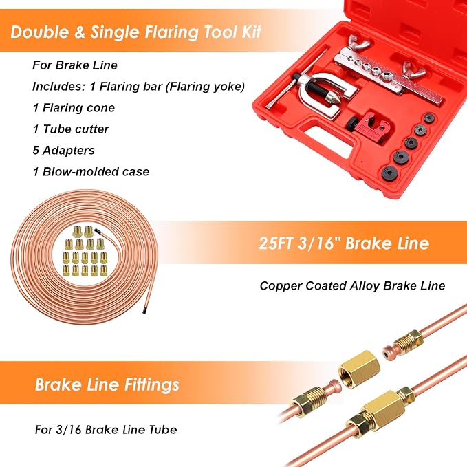 25 ft 3/16inch Copper Coated Brake Line Kit(Includes 24 Fittings and 4 Unions) with Double & Single Flaring Tool Kit