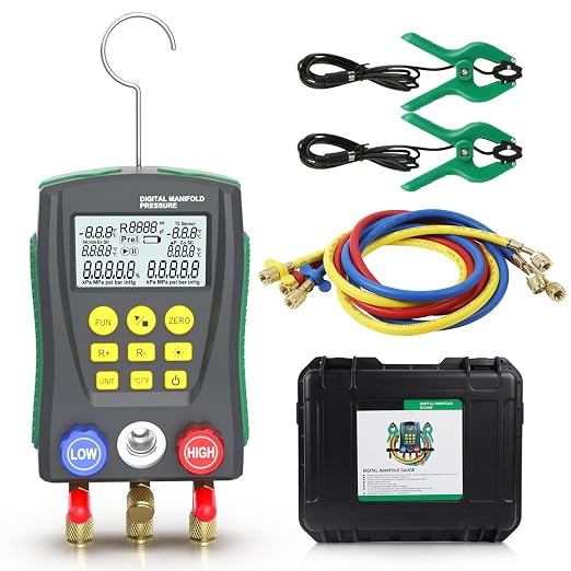 Digital HVAC Manifold Gauge Set,Refrigeration AC Gauges with Thermometer Clamps & Tricolor Hose, Dual Temp & Pressure Sensors for Vacuum & Leak Test,R134a R410a R32 R1234 Refrigerant Recharge Kit