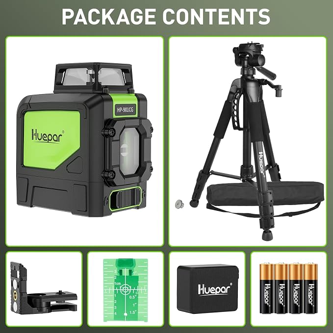 Huepar 901CG Green Laser Level with TPD14 56" Adjustable Laser Level Tripod, Alignment Self-Leveling Cross Line Laser Tool with 360-Degree Horizontal Line, Extendable Tripod with 3-Way Swivel Pan Head