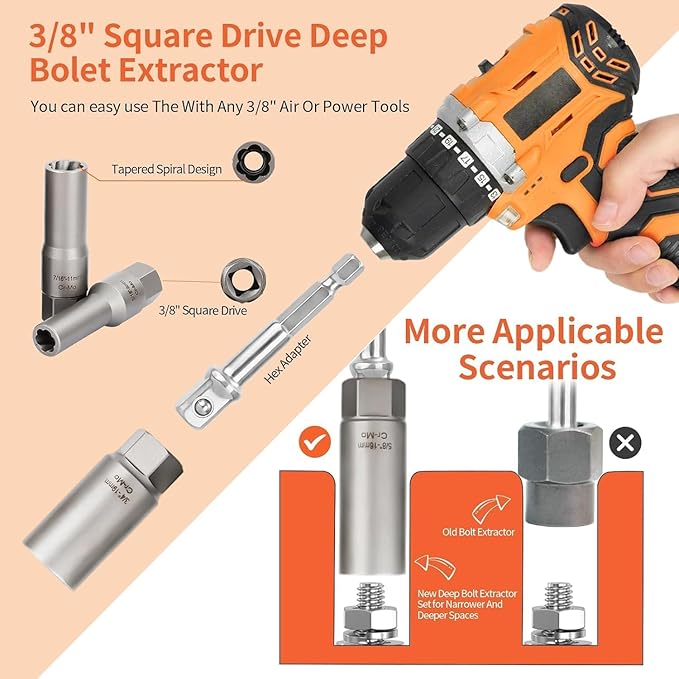 XEWEA 11PCS Deep Spiral Bolt Extractor Kit, Bolt & Nut Remover Easy-Out Set, Deep Socket Tools For Removing Broken, Frozen, Rusted, Rounded-Off Bolts, Studs, Nuts & Screws,Friendly Narrow Spaces