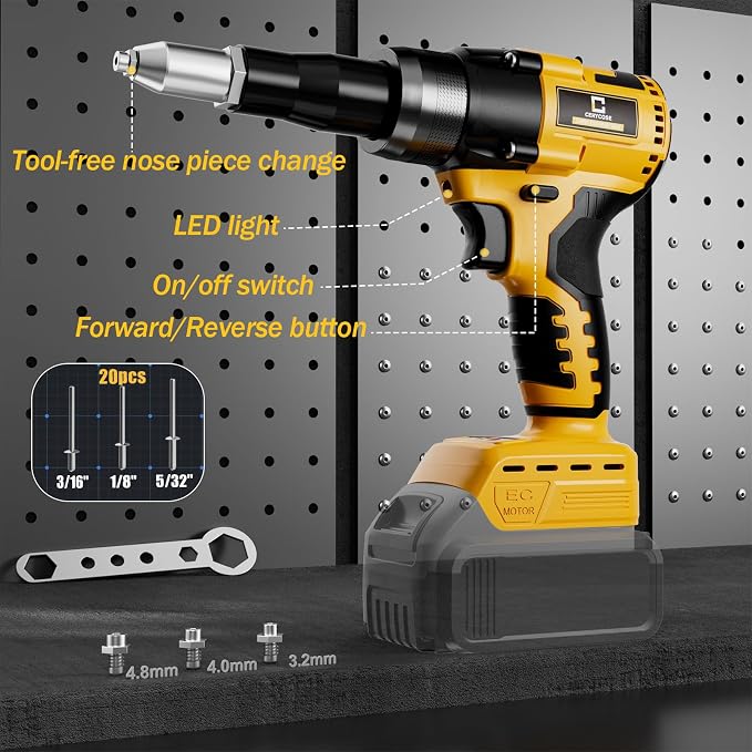 Cerycose Rivet Gun Compatible with Dewalt 20V Battery, Cordless Rivet Tool with 3 Size (1/8", 5/32", 3/16") Aluminum Rivets, Brushless Motor Rivet Gun Kit Nose Piece, Tool Only