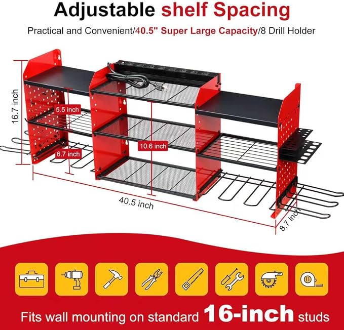 Large Power Tool Organizer Wall Mount with Charging Station, Heavy Duty Cordless Drill Holder, Garage Tool Storage Battery Rack with 8 Outlet, Gift for Men Husband Dad Birthday Anniversary Red