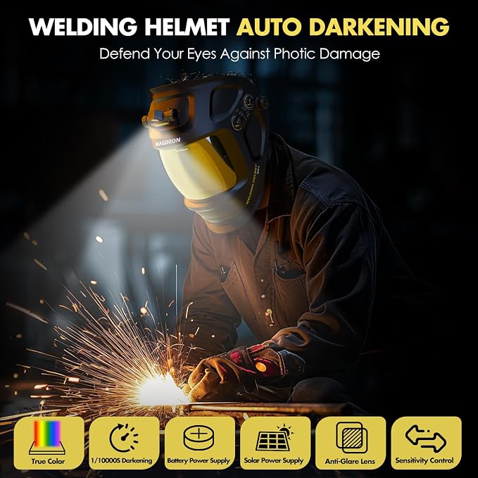 Auto Darkening Welding Helmet Large View 3.94" x 3.66", True Color Welding Hood Optical Clarity, 4 Arc Sensor Solar/Battery Powered, Wide Shade 3.5/5-9/9-13 Welder Mask for TIG MIG ARC Cut Grind