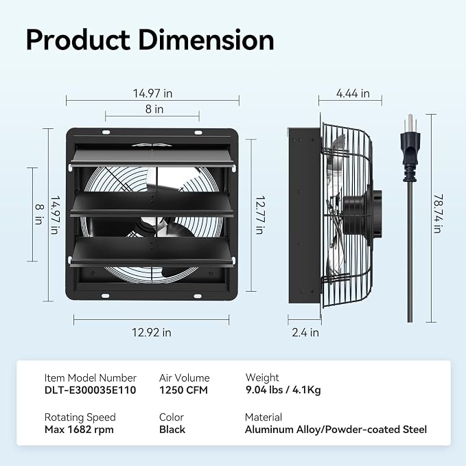 addlon 12 Shutter Exhaust Fanwith Remote Control, 8 Speeds 25W Energy Efficient DC Motors, 1200CFM, 8-Hour Timer, Garages/Greenhouse/Attic/Chicken Coop Ventilation Fan,Low Noise, Plug & Play