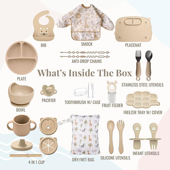 MONDE 25PCS Ultimate Silicone Baby Feeding Set, Complete Mealtime Baby-Led Weaning Essentials From Infant To Toddler, Bib, Smock, Sippy Cup, Dry Wet Bag, Placemat, Perfect Premium Gift Set (Beige)