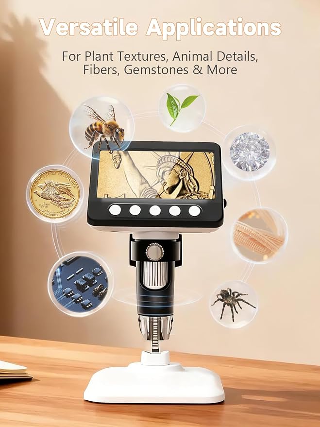 Coin Microscope, 4.3" LCD USB Digital 1000X 1080P Coin Magnifier | 8 Adjustable LED Lights, PC View Compatible with Windows/MacBook for Adults Kids