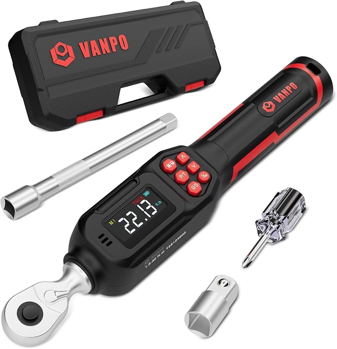 VANPO Digital Torque Wrench 1/4-Inch 1.11–22.13 ft-lb/1.5–30 Nm for Bike | ±2% Accuracy, Electronic Torque Wrench with LCD Display, Audible & Color Feedback, for Spark Plug & Precision Instruments