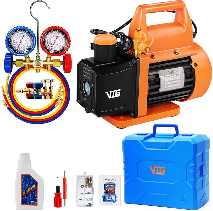 VTG VOGTEN 4.5 CFM AC Vacuum Pump and Gauge Set,for Mini Split/HVAC/Auto Systems,Manifold Gauge Kit Compatible with R134a R12 R22 R502,Includes 3 Hoses, 2 R134a Can Tap,Upgraded Trifold Storage Case