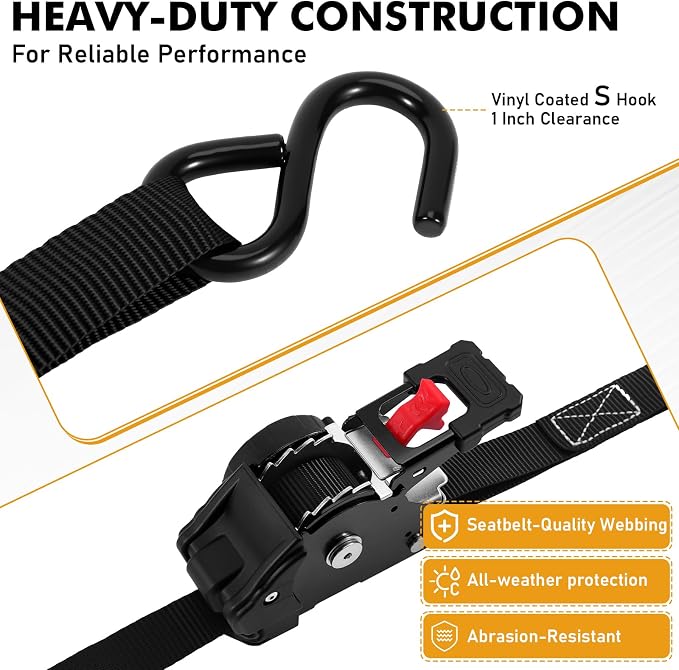 LEVELEVE Retractable Ratchet Tie Down Straps (1" x 10FT, 2-Pack, Black) - Heavy Duty 1760LBS Break Strength Quick-Lock, Weather Resistant for Moving, Cargo, Trucks & Boats