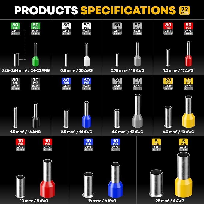 Ferrule Crimping Tool Kit, AWG 24-4 Self-Adjusting Hex Ratchet Crimper, 22 Types Insulated & Uninsulated Wire Ferrules, for DIY Electrical, Control Panels, Car Audio, Solar & RV