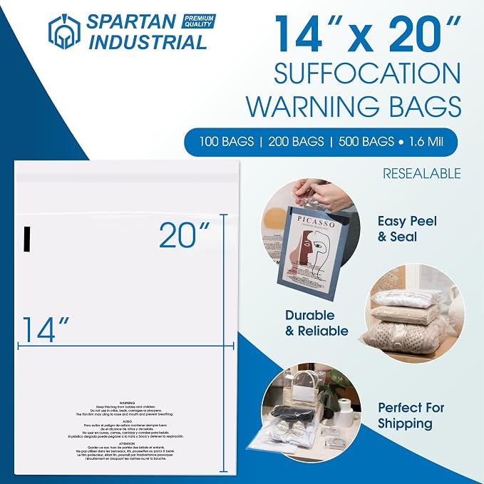 Spartan Industrial - 14” X 20” (500 Count) Self Seal Clear Poly Bags with Suffocation Warning for Packaging, Clothes & Shipping - Resealable Glue