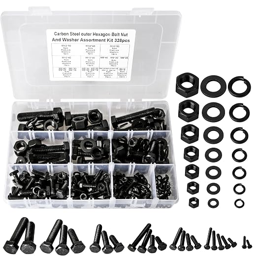 M3 M4 M5 M6 M8 M10 M12 Metric Bolt Assortment, Grade 8.8 Carbon Steel Hex Head Nuts and Bolts Assortment Kit, Hex Head Screw Bolt, Nuts, Flat & Lock Washers, Black, 328PCS