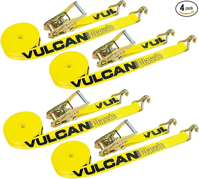 VULCAN Ratchet Straps with Wire J Hooks - 2 Inch x 15 Foot - 4 Pack - Classic Yellow - 3,300 Pound Safe Working Load