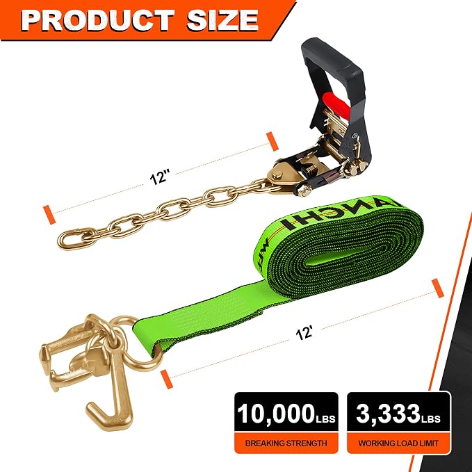 2" x 12' RTJ Cluster Hook Ratchet Straps with 8 Point Chain, 4 Pack - Heavy Duty Tow Strap for Trucks, Trailers, and Car Haulers - Wheel Tie Down Straps for Tow Trucks & Auto Transport