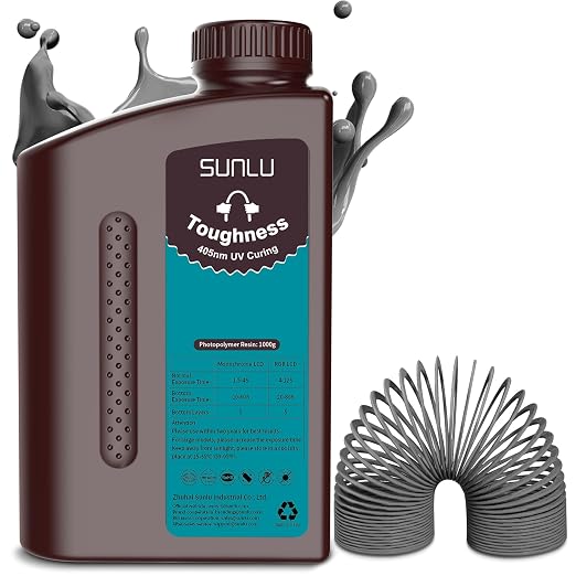 SUNLU High Toughness 3D Printer Resin, Enhanced Flexible 3D Printing Photopolymer Resin, 405nm UV Fast Curing 3D Resin for Most LCD DLP SLA Resin 3D Printers, Bendable and not Brittle, 1KG Dark Grey