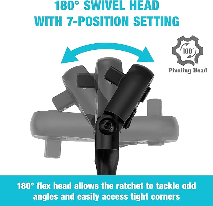 DURATECH 1/2-Inch Drive Flex-Head Ratchet, 90-Tooth Quick-Release Ratchet Wrench with 180° Pivoting Head and 7-Position Setting, Reversible, CR-V Made, CR-MO Head, 4° Swing, Black Mn Phosphate Finish