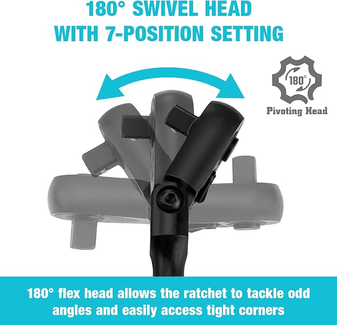 DURATECH 1/4-Inch Drive Flex-Head Ratchet, 90-Tooth Quick-Release Ratchet Wrench with 180° Pivoting Head and 7-Position Setting, Reversible, CR-V Made, CR-MO Head, 4° Swing, Black Mn Phosphate Finish