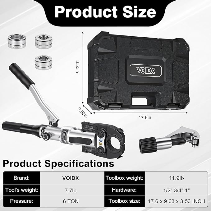 VOIDX Crimping Tool Hydraulic Copper Pipe Crimper with 1/2 3/4 1 Inch Jaw for Copper Tube Fittings Perfect for Confined Areas and Tee Fittings