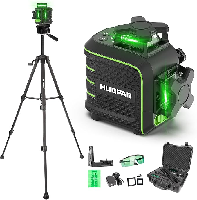 Huepar 360 Laser Level with Tripod, Self-Leveling Green Lazer Leveler Tool | 60-inch Drop Protection, Premium Storage Case, Full Accessory Set, Pulse Mode, Brightness Adjustment, Green Glasses