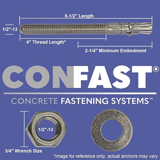 CONFAST 1/2" x 5-1/2" Wedge Anchor Zinc Plated (Box of 25)