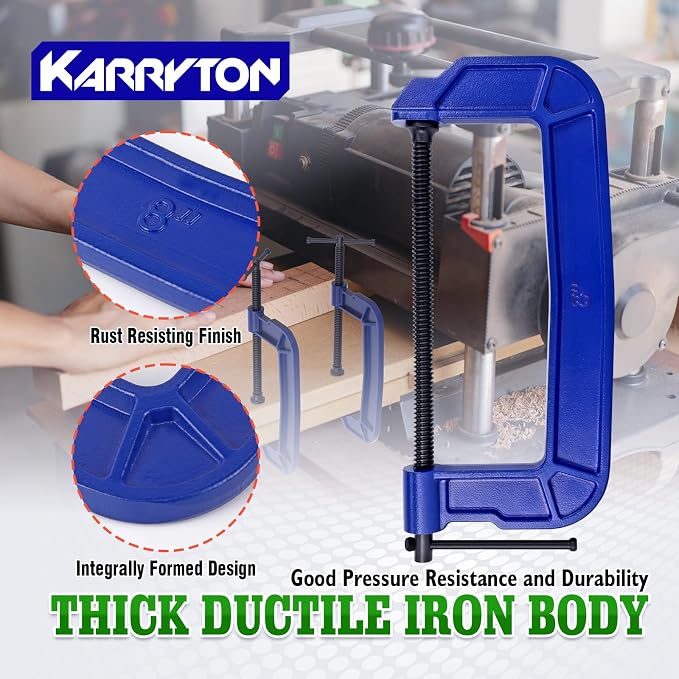 8 inch C Clamps, 3-3/4"(95mm) Large Deep Throat, Ductile Iron G-Clamp w/ 2930LB Clamping Force, Unique Ergonomic Design for Welding, Woodworking, Metal and DIY Projects, 4-Pack