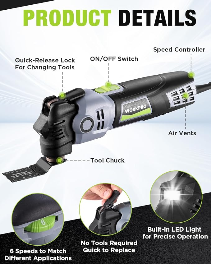WORKPRO 400W Oscillating Multi-Tool, 6-Speed Corded Power Saw with LED Light, Quick Blade Change, 3.5° Oscillation Angle, 23 Accessories for Cutting, Sanding, Scraping