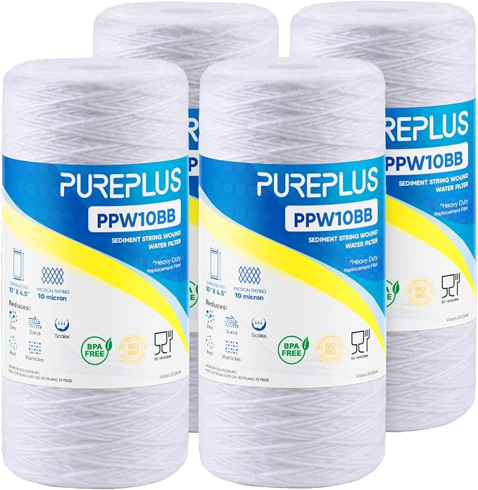 PUREPLUS 10 Micron 10 x 4.5 Whole House String Wound Sediment Filter for Well Water, Replacement Cartridge for 84637, WPX5BB97P, PC10, CW5-BBS, 355215-45, 4Pack