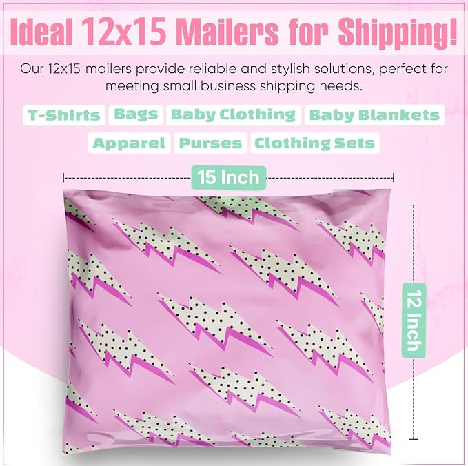 Package Mint 12x15 Poly Mailers - 50 Pack Lightning Bolt Design Poly Mailer Shipping Bags - Waterproof, Tear-Resistant, Self-Sealing Adhesive - Durable Decorative Mailing Bags for Clothes, Accessories