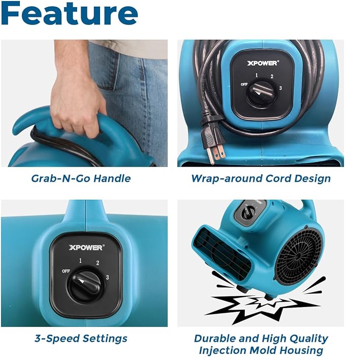 XPOWER P-80 Mini Utility 600 CFM Centrifugal Air Mover, Floor Fan, Blower, Stackable, for Drying，Cooling, Ventilating, Home Use Water Damage Restoration, Workshop, Plumbing