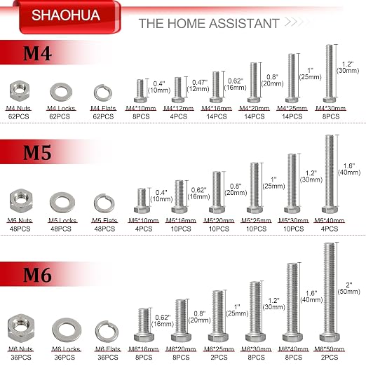 M4 M5 M6 Metric Bolt Assortment Kit 10mm to 50mm, A2-70 Hex Bolt, 304 Stainless Steel Heavy Duty Flat Hex Head Screws Bolts and Nuts Kit, Nuts Flat and Lock Washers(Silver), 584PCS