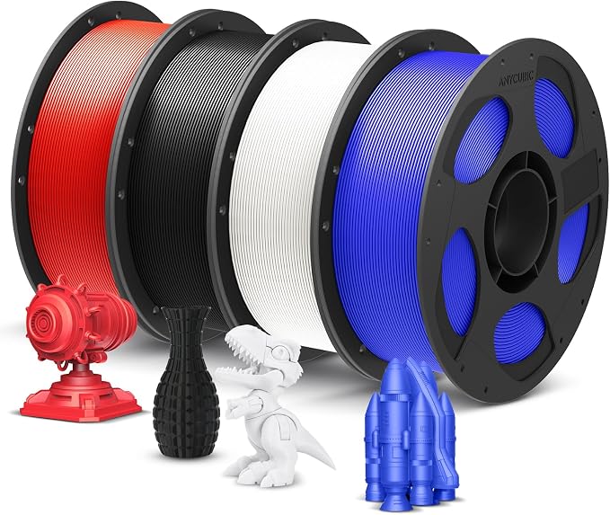 ANYCUBIC PLA Plus (PLA+), 3D Printer Filament 1.75mm Bundle, High Toughness, Dimensional Accuracy +/- 0.02mm, Print with Most FDM 3D Printers, 4 Pack 1KG Reusable Spool, Black, White, Blue, Red