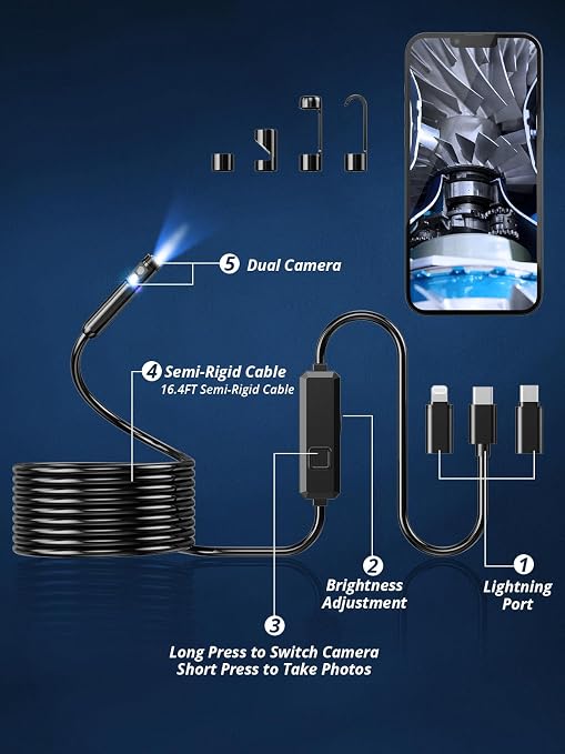 Acoath Endoscope Camera with Light, Dual-Lens 1920P HD Borescope with 8 Adjustable LED Lights, IP67 Waterproof Boroscope Inspection Tools, 16.4ft Semi-Rigid Snake Camera for iOS & Android