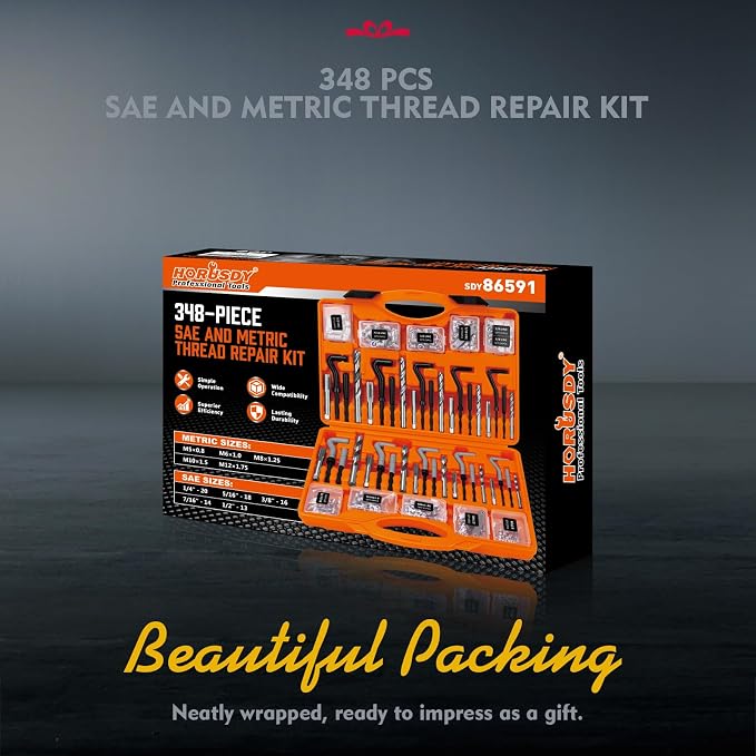 HORUSDY 348-Piece Thread Repair Kit, Metric & SAE Helicoil Set with HSS Drill Bits, Thread Inserts, Taps & Installation Tools, for Damaged Thread, Engine, Spark Plug & Automotive Repair