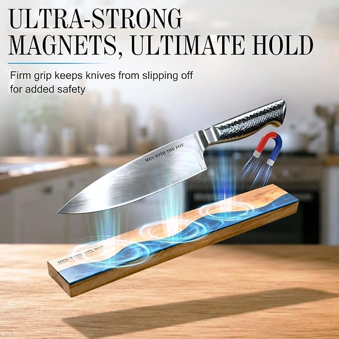 MEN WITH THE POT Magnetic Knife Strips, 16 Inch Magnetic Knife Holder for Fridge Wall, Acacia Wood & Blue Resin Knife Magnetic Strip Use as Knife Bar, Knife Holder for Kitchen Utensil Organizer