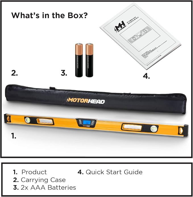 MOTORHEAD 48-Inch 0°-360° SMART DIGITAL Level, LCD Screen, Audible Alerts, Water, Dust & Shock Resistant, Magnetic Bottom, Includes Bag, High-Visibility, Solid-Milled Aluminum, USA-Based Support | Audible Alerts, Water Dust & Shock Resistant, High-Visi...