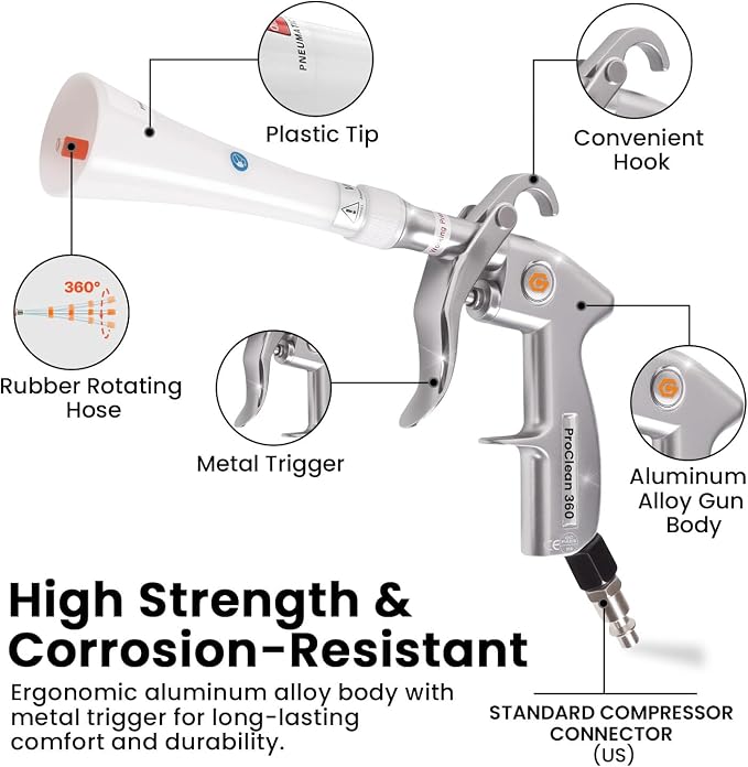 ProClean 360 Tornado Car Cleaning Gun – High Pressure Air Blow & Detailing Tool with Rotating Nozzle, Upholstery & Carpet Cleaner, Auto Detailing Blow Gun for Seats, Vents, Engines, Home Use