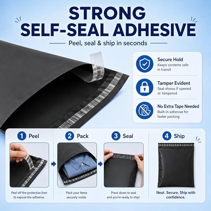 Fuxury Poly Mailers 10x13 Inch 50Pcs, Waterproof Shipping Bags for Clothing | Strong Adhesive Shipping Envelopes for Small Business Suppliers, Self Seal Mailers Poly Bags Mailing Envelopes Black
