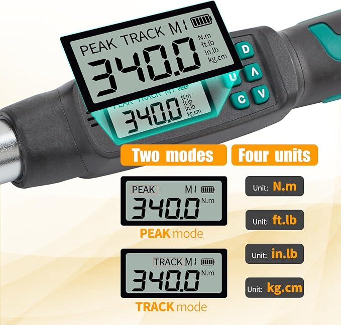 1/2” Digital Torque Wrench Set 7.5-250.8 ft-lb/10.2-340 Nm, ±2% Accuracy, LED & Buzzer Alerts, with 3 Adapters (1/4", 3/8"& Extension Bar), Industrial CR-V Steel for Car, Motorcycle, Bike Repair