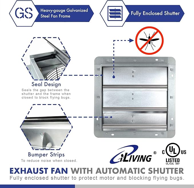 iLIVING New Upgraded 12" Wall Mounted Exhaust Fan - Automatic Shutter - Variable Speed - Vent Fan For Home Attic, Shed, or Garage Ventilation, 65 Watts, 960 CFM, 1400 SQF Coverage Area
